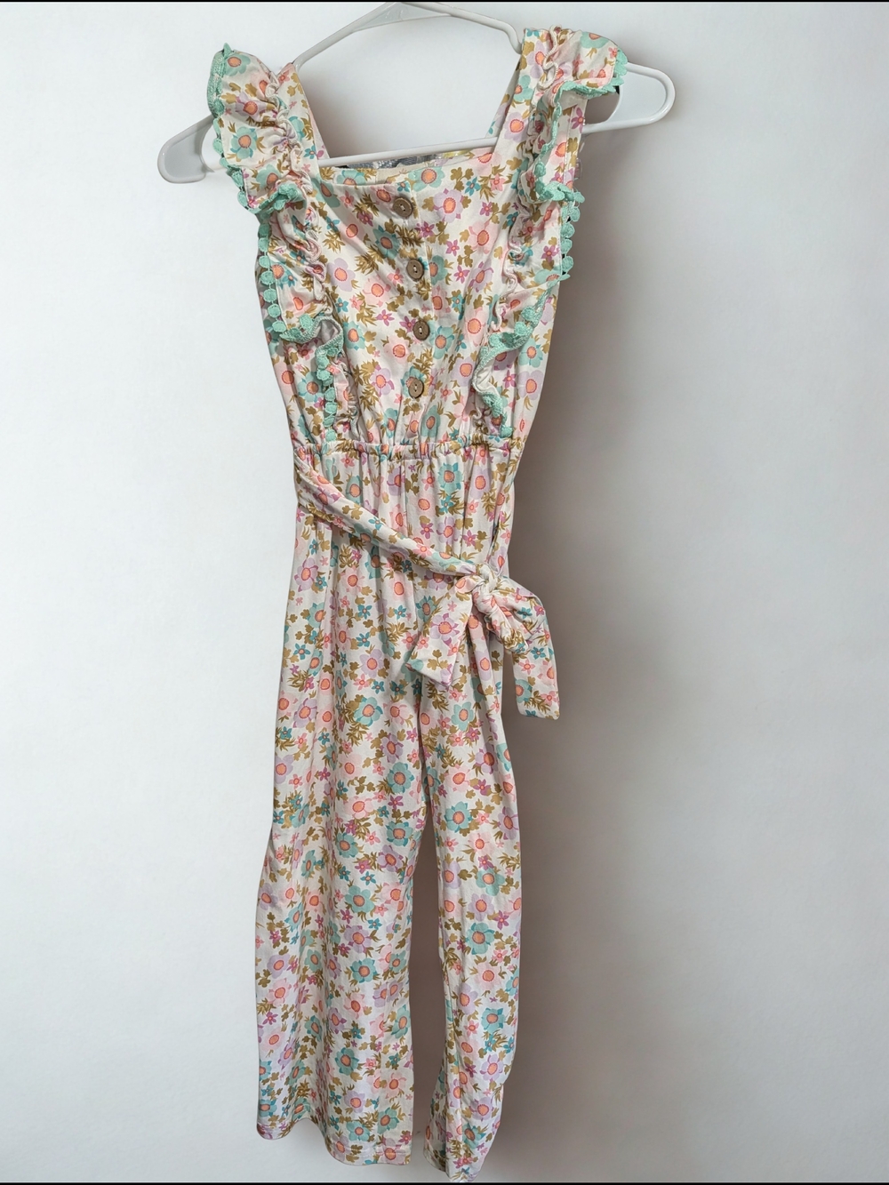 Girls Floral Ruffle Strap Jumpsuit in Pastel Multicolor